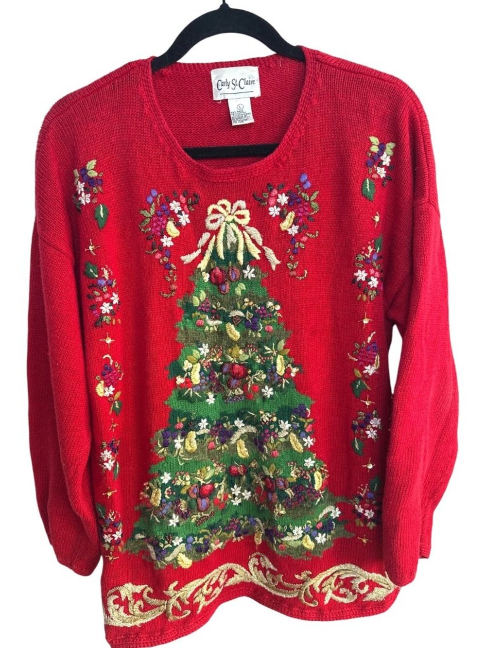 Vtg 90s Carly St. Claire Ugly Christmas Sweater Sz L Embroidered Sequin Holiday